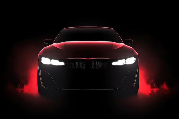 Vorderansicht eines modernen roten Luxusautos isoliert auf dunklem Hintergrund mit rotem Neonlicht und Rauch