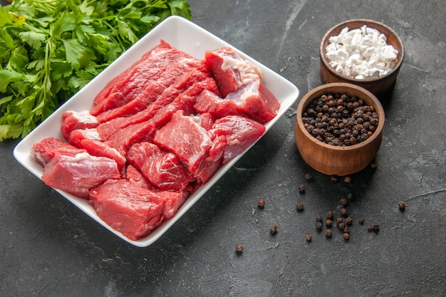 Vorderansicht frisch geschnittenes Fleisch mit Gewürzen auf dunklem Hintergrund Fleisch Metzger Grillmahlzeit Abendessen Tierfutter