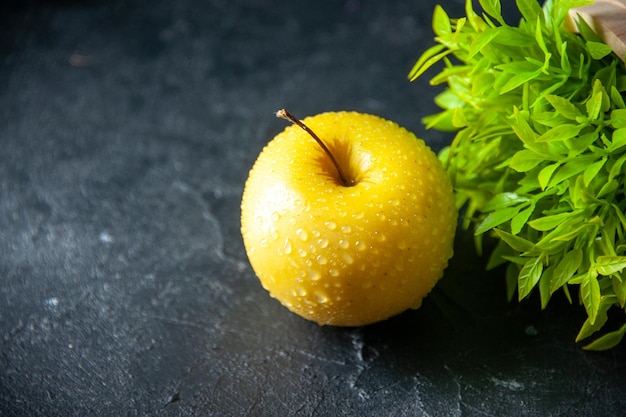 Vorderansicht frischer gelber Apfel mit grüner Pflanze auf dunklem Hintergrund ausgereifter Fotobaum reife Birne färbt Blumenfrucht