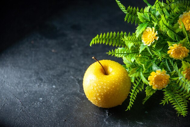 Vorderansicht frischer gelber Apfel mit grüner Pflanze auf dunklem Hintergrund