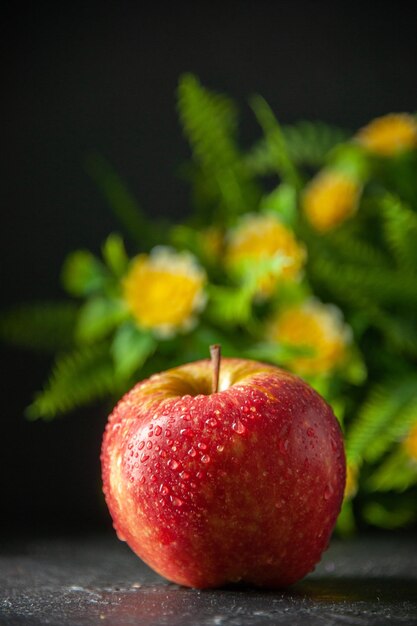 Vorderansicht frischer roter Apfel mit grüner Pflanze auf dunklem Hintergrund reife Farbe Foto Saftbäume Frucht mellow