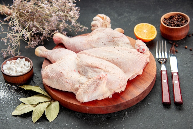 Vorderansicht frisches Hühnchen auf grauem Hintergrund Kochgericht Salat Farbe Abendessen Vogel Grill Essen