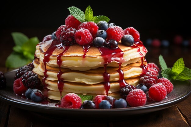 Vorderansicht köstliche Pfannkuchen mit Honig und Früchten auf einer leichten Oberfläche, Kuchen mit süßen Früchten.