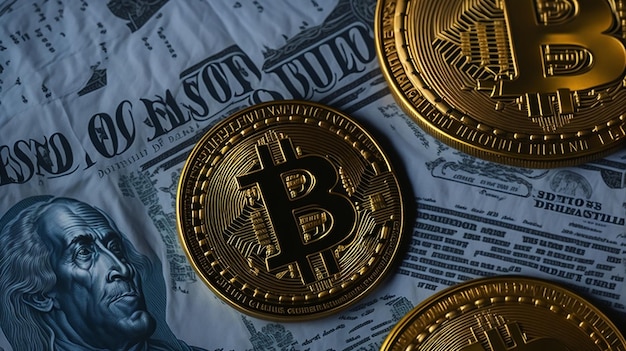 Vorderansicht kostenloses Foto Bitcoin und Dollar hinten Hintergrund