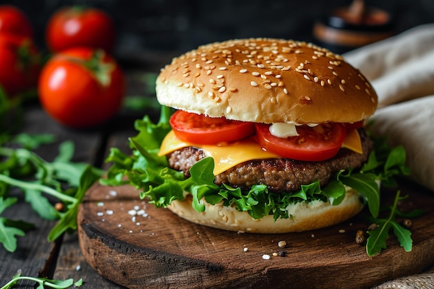 Vorderansicht lecker Fleischburger mit Käse und Salat auf dunklem Hintergrund