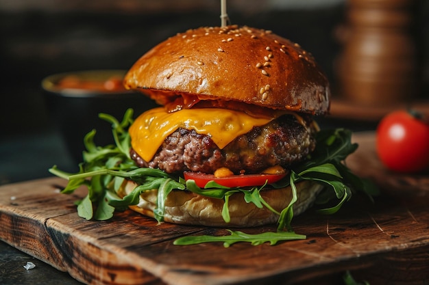 Vorderansicht lecker Fleischburger mit Käse und Salat auf dunklem Hintergrund