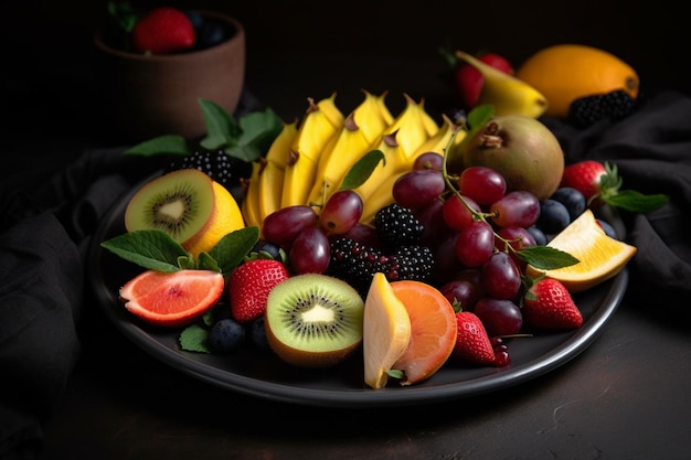 Foto vorderansicht lecker geschnittene früchte im teller mit frischen früchten auf dunklen früchten exotische ausgereifte reife fotobäume