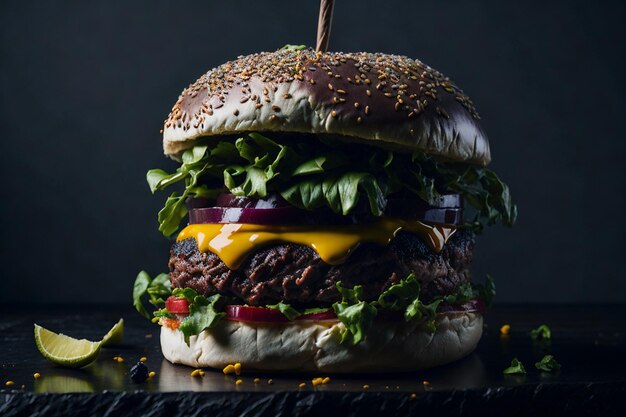 Vorderansicht leckerer Fleischburger mit Käse und Salat im Dunkeln