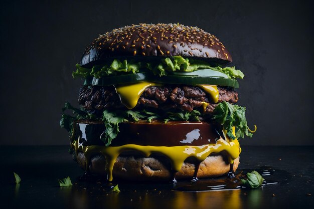 Vorderansicht leckerer Fleischburger mit Käse und Salat im Dunkeln