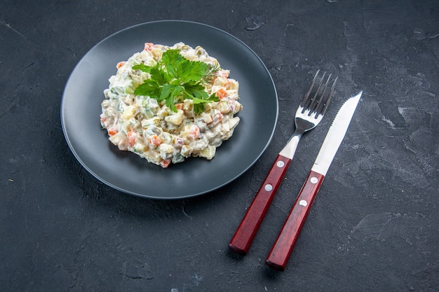 Vorderansicht leckerer Hühnersalat mit verschiedenen gekochten Gemüsen und Mayyonaise im Teller auf dunkler Oberfläche Diner Food horizontale gemischte Küche Mahlzeit Farben