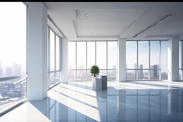 Vorderansicht, modernes, leeres Büro mit Panoramablick auf die Skyline, helles Tageslicht, generative KI AIG18