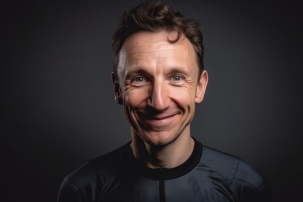 Vorderansicht-Porträt eines lächelnden, glücklichen Radfahrers mit Radtrikot-T-Shirt vor grauem Studiohintergrund