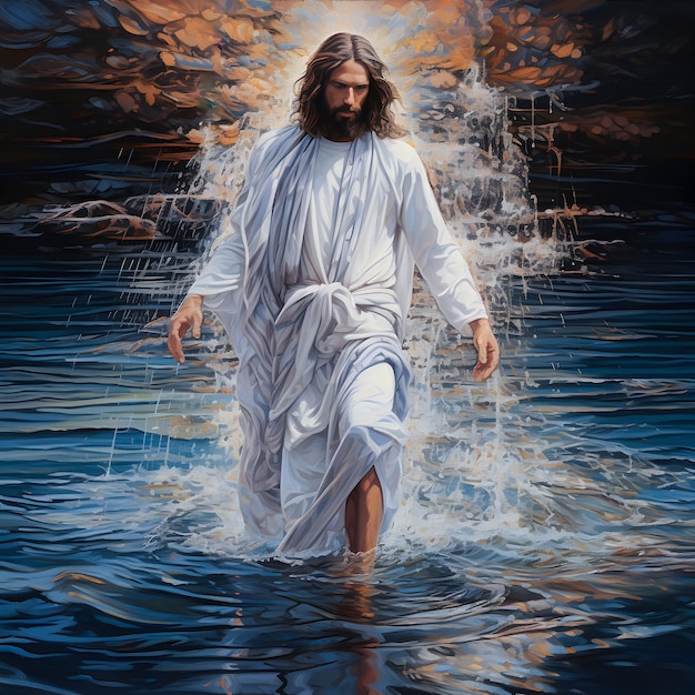 Vorderansicht von Jesus Christus, der auf dem Wasser geht. KI generiert