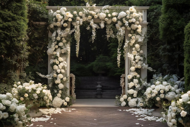 Vorderansicht weiße Rosen Garten Kulisse schöne Atmosphäre für die Hochzeit