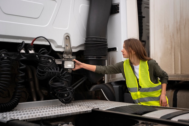 Foto vorderansichtfrau, die lkw repariert