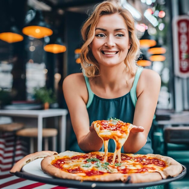 Vorderansichtfrau mit köstlicher Pizza