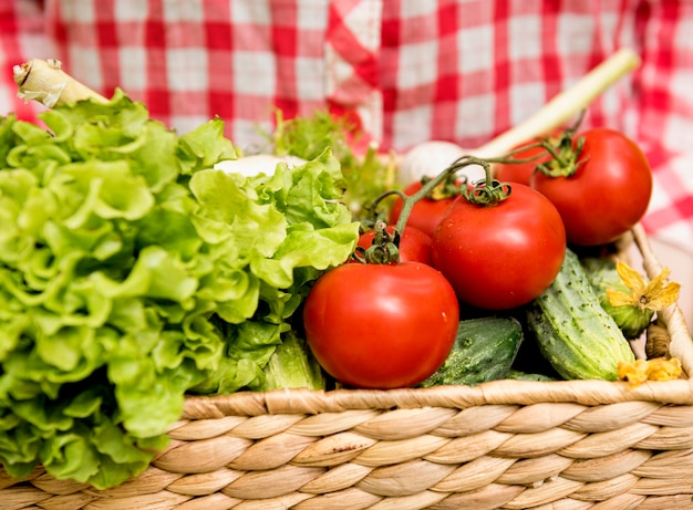 Vorderansichtseimer mit Tomaten und Gurken