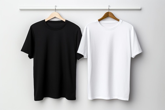 Vordere Seiten von männlichen schwarz-weißen Baumwoll-T-Shirts auf einem auf weißem Hintergrund isolierten Aufhänger Tshirts