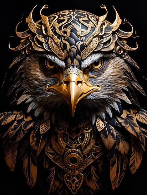 Vorderporträt eines Adler-Tattoo-Muster schwarz und gold AI generiert