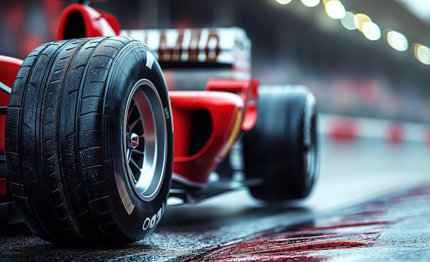 Vorderrad eines roten Formel-1-Rennwagens am Start des Rennens