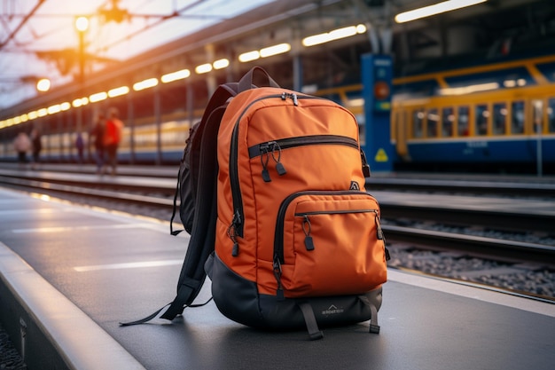 Vorfreude der Reisenden Mit Rucksack warten sie am Bahnhof auf ihren Zug