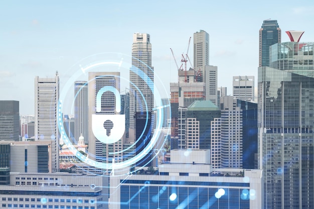 Vorhängeschloss-Symbol-Hologramm über Panorama-Stadtansicht von Singapur zum Schutz von Unternehmen in Asien Das Konzept der Informationssicherheit schützt vor Doppelbelichtung