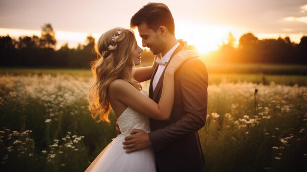 Vorhochzeits-Shooting junges Paar am wunderschönen Sonnenuntergang Himmel