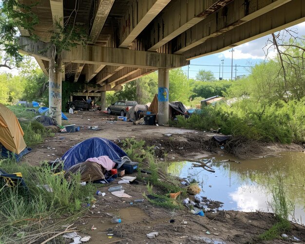 Vorläufige Häuser unter einer Brücke Widerstandsfähigkeit angesichts von Widrigkeiten