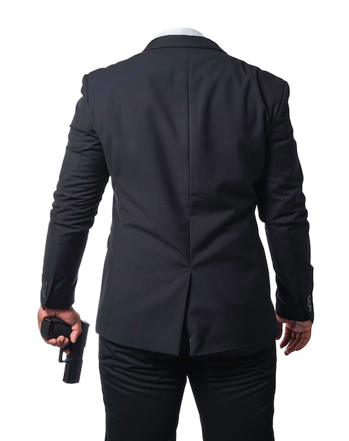 Vorlage eines Schützen, der einen schwarzen Anzug trägt und eine isolierte Pistole hält, die im Beschneidungspfad enthalten ist