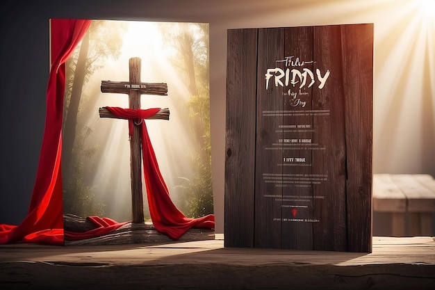 Vorlage für ein Poster für einen guten Freitag mit einem aus Holz gefertigten Kreuz mit einem roten Schal, der mit Sonnenlicht verschwommen ist