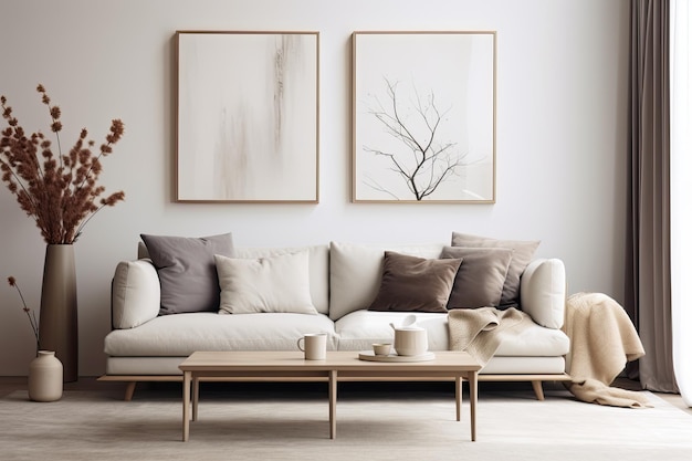 Foto vorlage für ein stilvolles wohnzimmer mit einem modernen sofa in neutralen farben, einem posterrahmen und einer vase mit ...