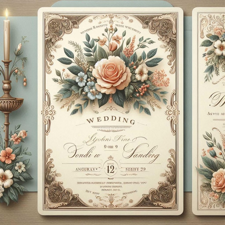 Foto vorlage für eine einladung zur hochzeitsparty mit goldenen botanischen rosen