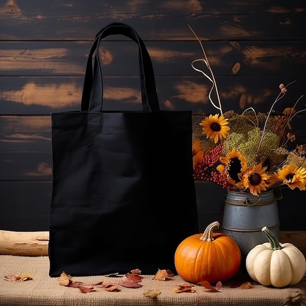 Foto vorlage für eine schwarze einkaufstasche. schwarze einkaufstasche auf dem tisch mit halloween-details. minimalistisches produktmodell