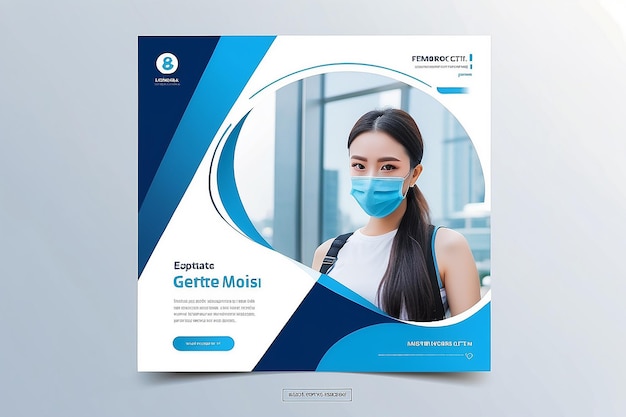 Vorlage für einen Social-Media-Post im medizinischen Bereich. Modernes Banner-Design mit blauer Farbbänder-Verzierung und Platz für das Foto