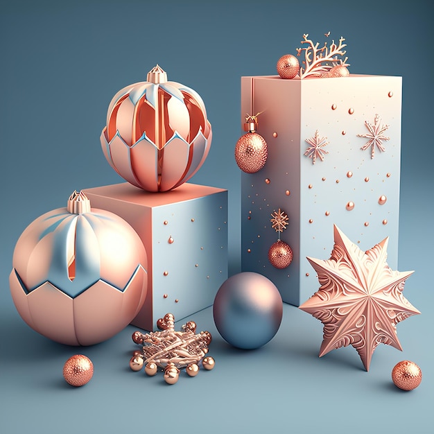 Vorlage für realistische Weihnachts- und Neujahrsgeschichten Roségold und blaue dekorative 3D-Illustration