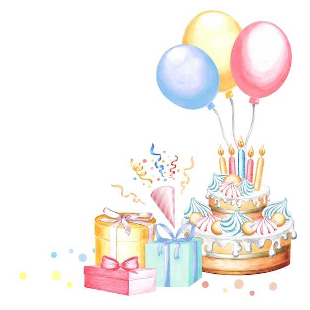 Vorlage glücklicher Geburtstag Aquarell Postkarte festlicher Kuchen mit bunten Ballons Geschenke