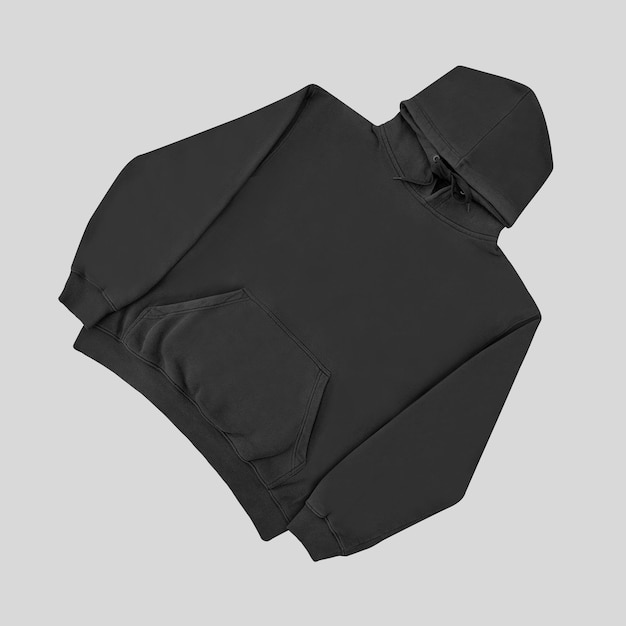 Vorlage leere flache schwarze Hoodie Hoodie-Sweatshirt mit langen Ärmeln Flatlay-Mockup für Design und Druck Hoody vorne und hinten oben