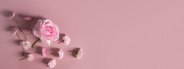 Vorlage mit weichen pastellrosa Rosen auf rosa Hintergrund Blumenrahmen aus rosa blühenden Blumen