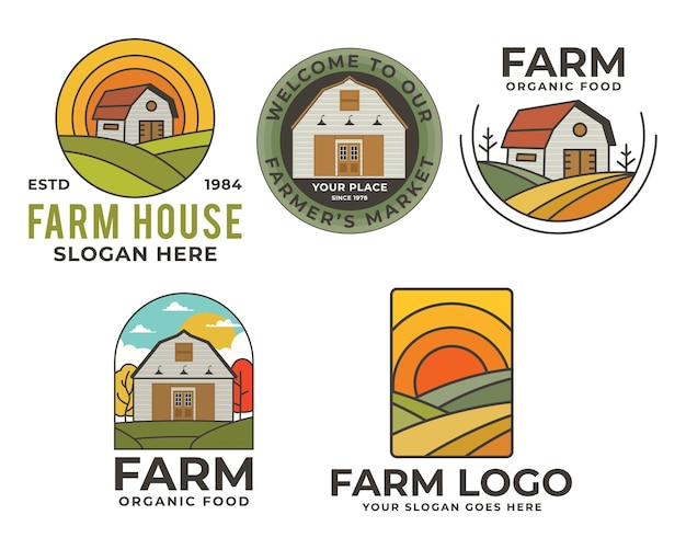 Vorlagen für Logos von Bauernhöfen mit Landschaft von Scheune und Bauern, lokal angebautes Abzeichen-Design, Öko-Logotipen, auf weißem Hintergrund isolierte Aktienemblema
