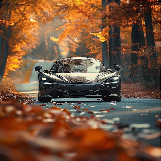 Vorne des Super-Autos im Herbstwald