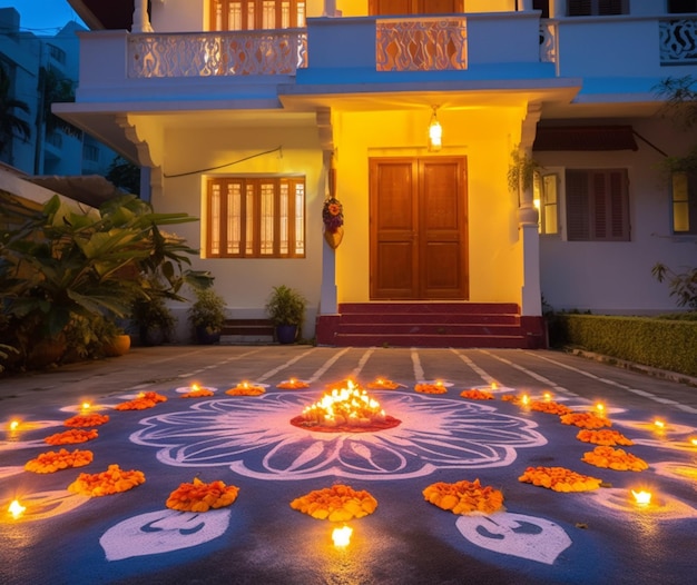 Vorne eine helle Diyas- und Rangoli-Ausstellung