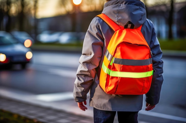 Vorsicht bei Dämmerung Kinder in reflektierender Kleidung bewegen sich in den Abendstunden auf der Straße und legen Wert auf Sicherheit und Einhaltung der Regeln inmitten potenzieller Risiken