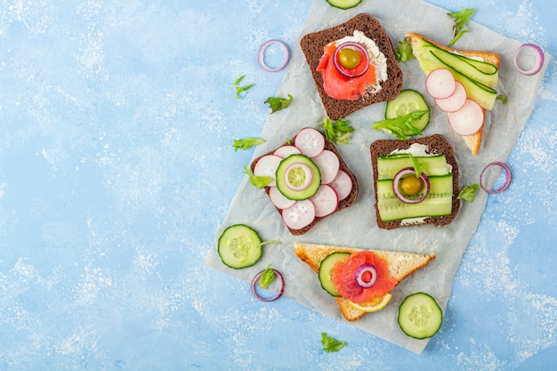 Vorspeise, offenes sandwich mit verschiedenen belägen: lachs und gemüse auf papier auf blauem grund. traditioneller italienischer oder skandinavischer snack. gesundes essen. schließen sie, kopieren sie platz für text