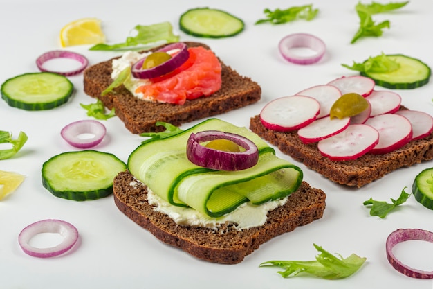 Vorspeise, offenes Sandwich mit verschiedenen Belägen: Lachs und Gemüse auf weißem Hintergrund. Traditionelle italienische oder skandinavische Küche. Gesundes Essen