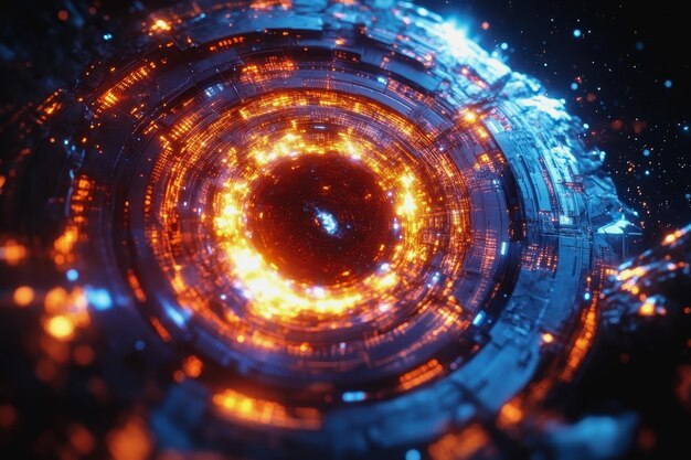 Vórtice espacial futurista con elementos tecnológicos brillantes