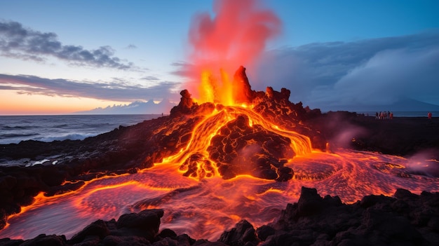 Vórtice hipnotizante de lava derretida e energia eletrizante girando magma com iluminação de fogo