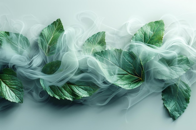 Vórtice de viento con hojas de menta Un efecto ligero y fresco para un té de hierbas orgánicas Una forma de introducir mentol en limpiantes refrescantes y otros productos Ilustraciones modernas