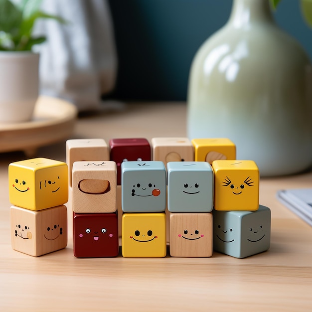 Foto votação manual com ícone de emoticon de rosto sorridente feliz no cubo de madeira