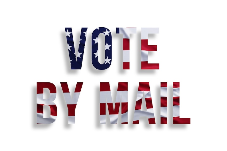 Foto vote por correo. texto con bandera americana en blanco