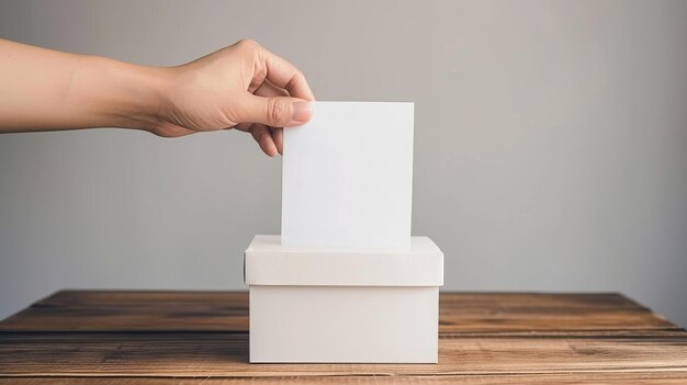 Foto voto à mão na cédula eleitoral presidencial em caixa de votação com espaço de texto